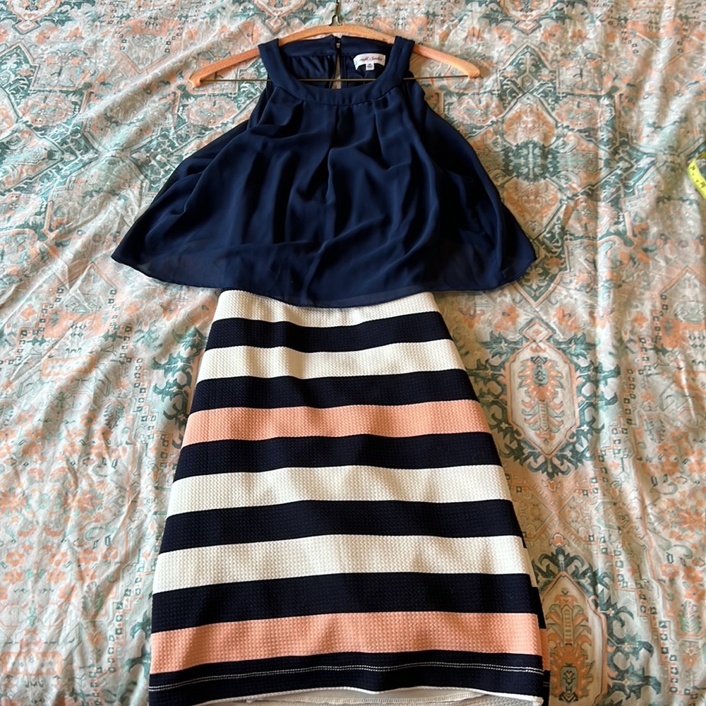 Emerald Sundae Navy & Striped Midi Dress M